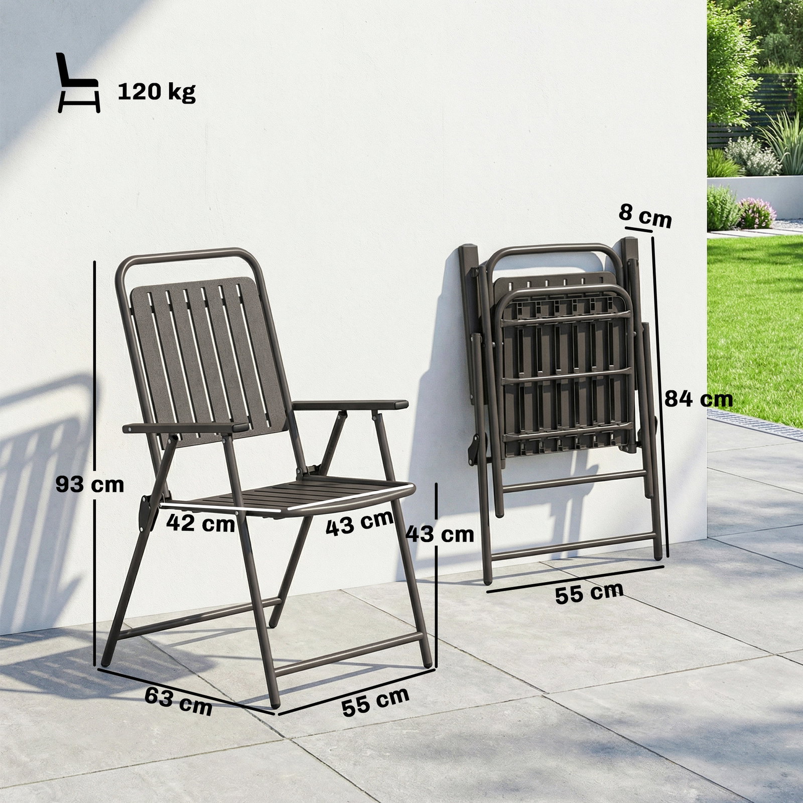Conjunto de 4 cadeiras dobráveis para jardim com apoios de braços encosto e assento estrutura metálica 55x63x93 cm castanho