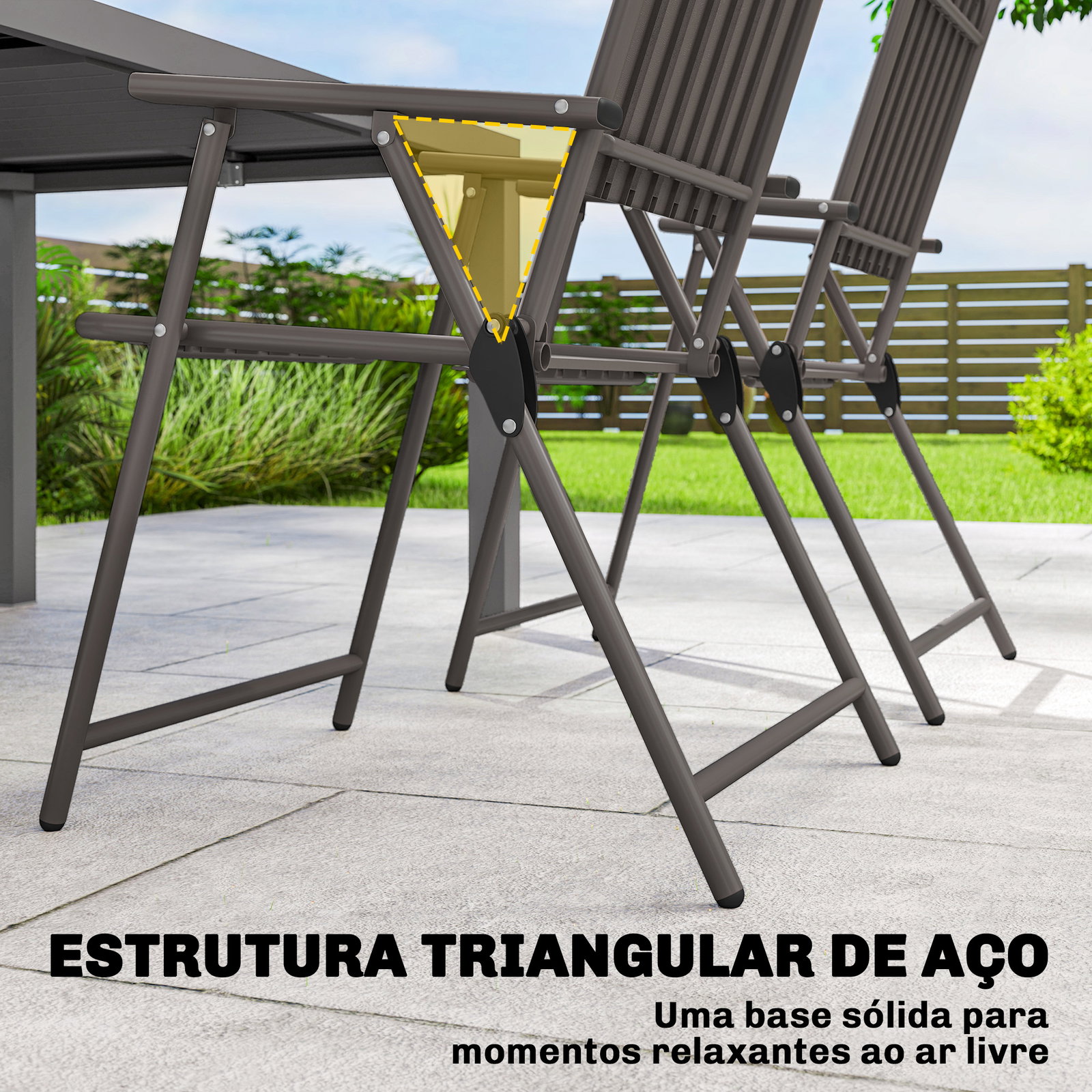 Conjunto de 4 cadeiras dobráveis para jardim com apoios de braços encosto e assento estrutura metálica 55x63x93 cm castanho
