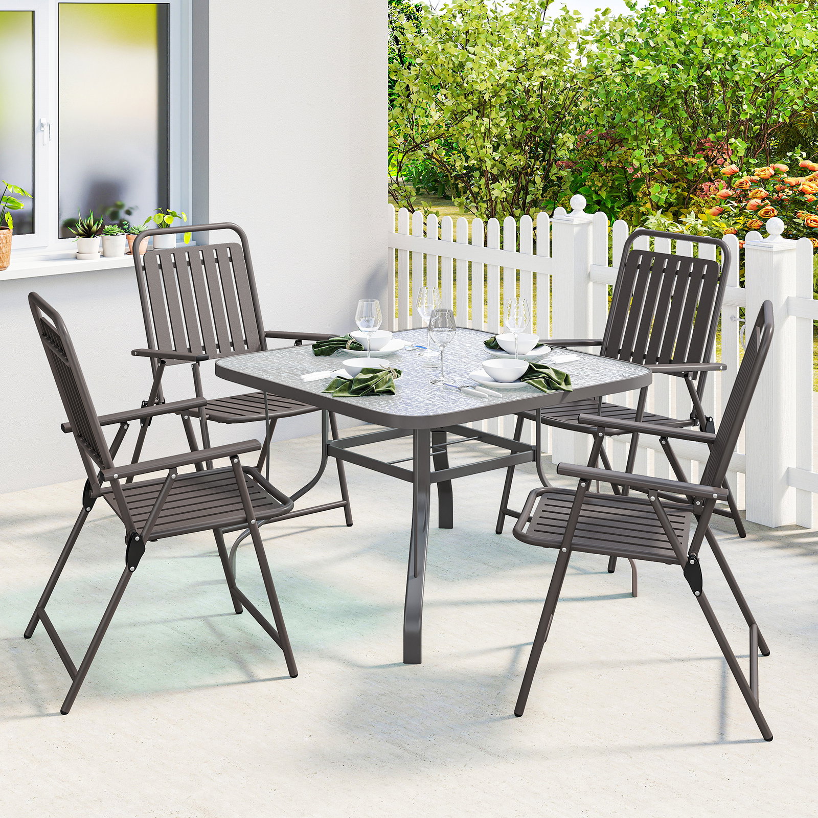 Conjunto de 4 cadeiras dobráveis para jardim com apoios de braços encosto e assento estrutura metálica 55x63x93 cm castanho
