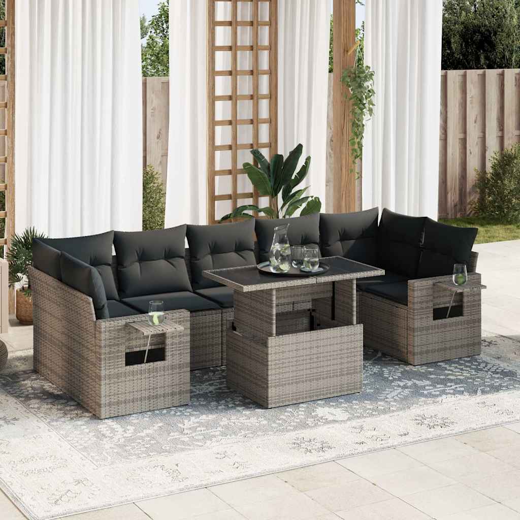 8 Pcs conjunto sofás de jardim c/ almofadões vime PE cinzento