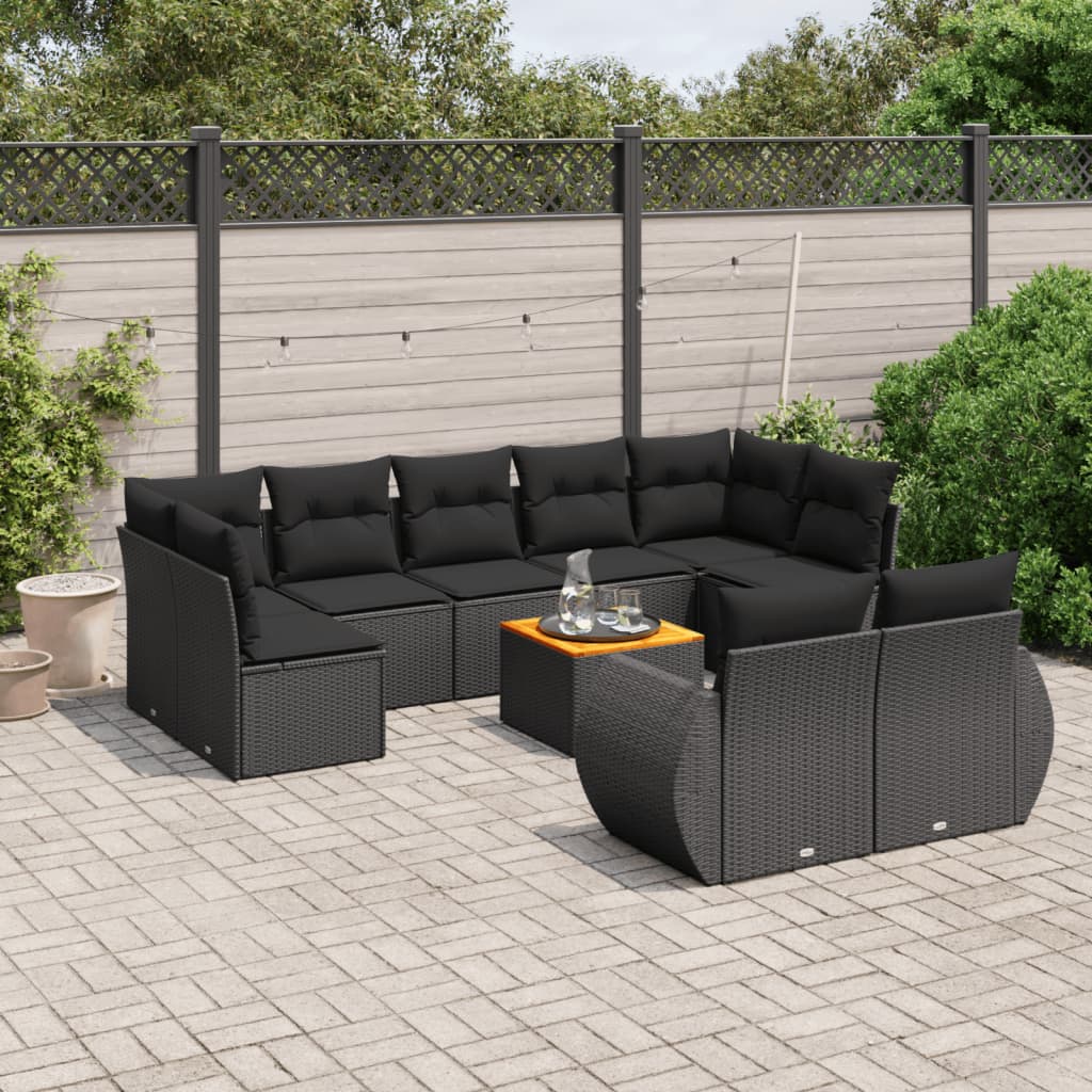 10 Pcs conjunto sofás de jardim c/ almofadões vime PE preto