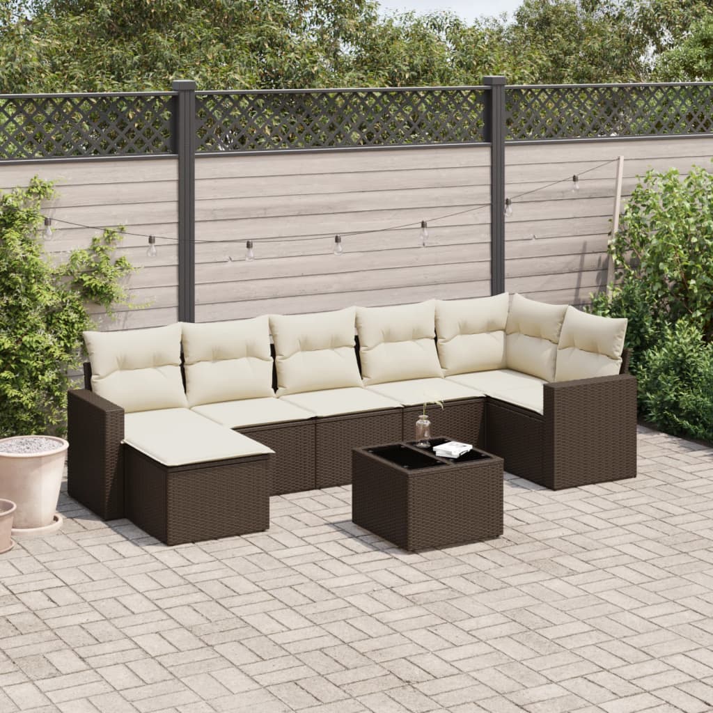 8 Pcs conjunto sofás de jardim c/ almofadões vime PE castanho