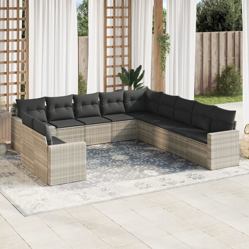 11 Pcs conjunto sofás de jardim c/ almofadões vime PE cinzento