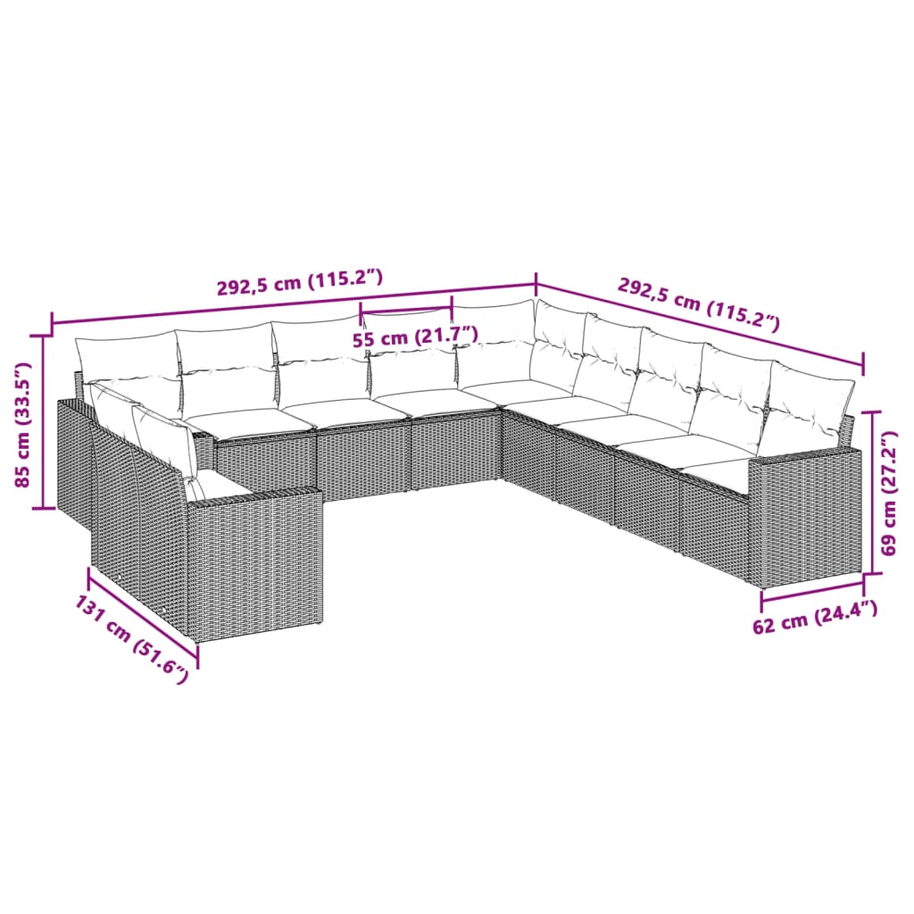 11 Pcs conjunto sofás de jardim c/ almofadões vime PE cinzento