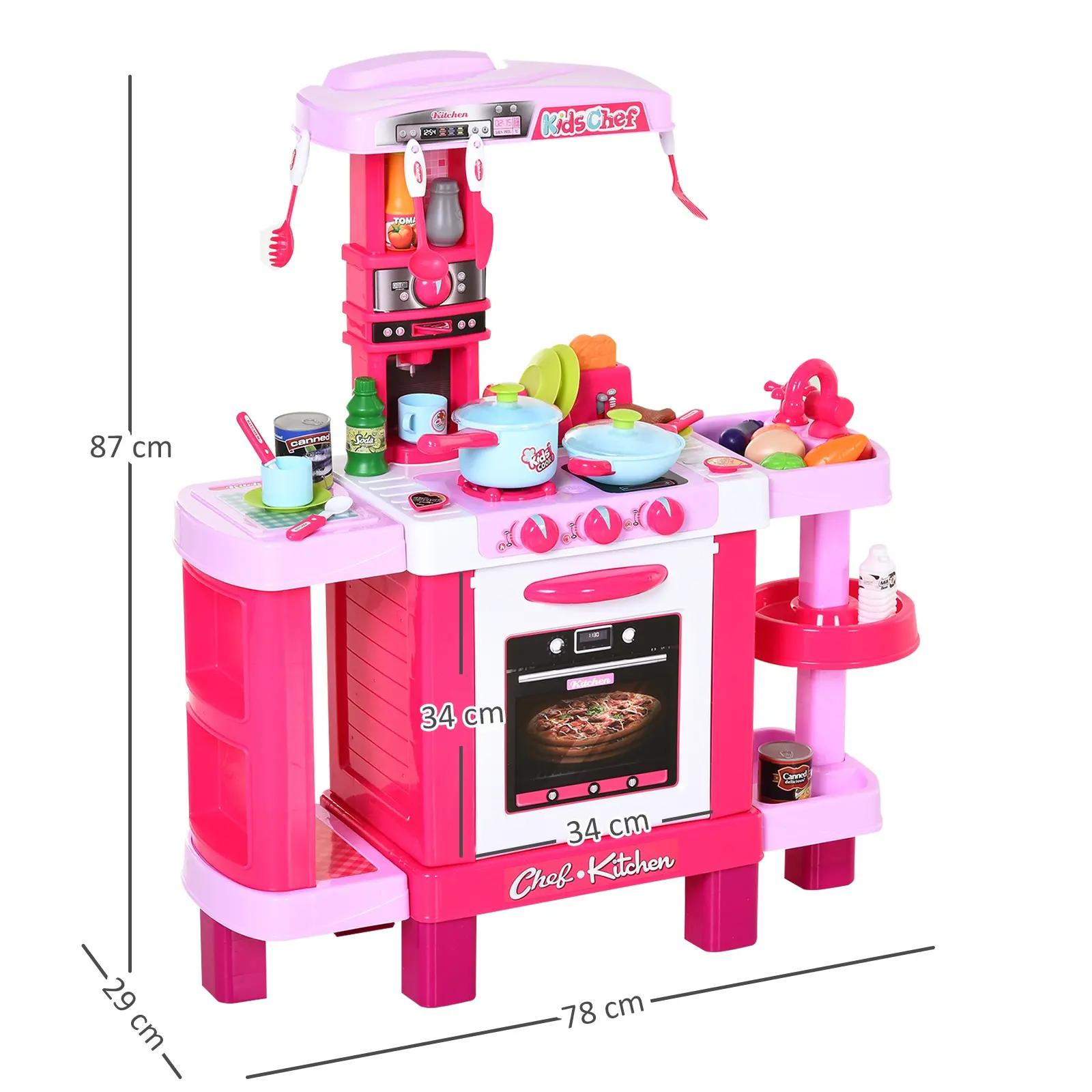 Cozinha para Crianças acima de 3 Anos Cozinha Infantil com 38 Acessórios Luz Som 78x29x87 cm Rosa