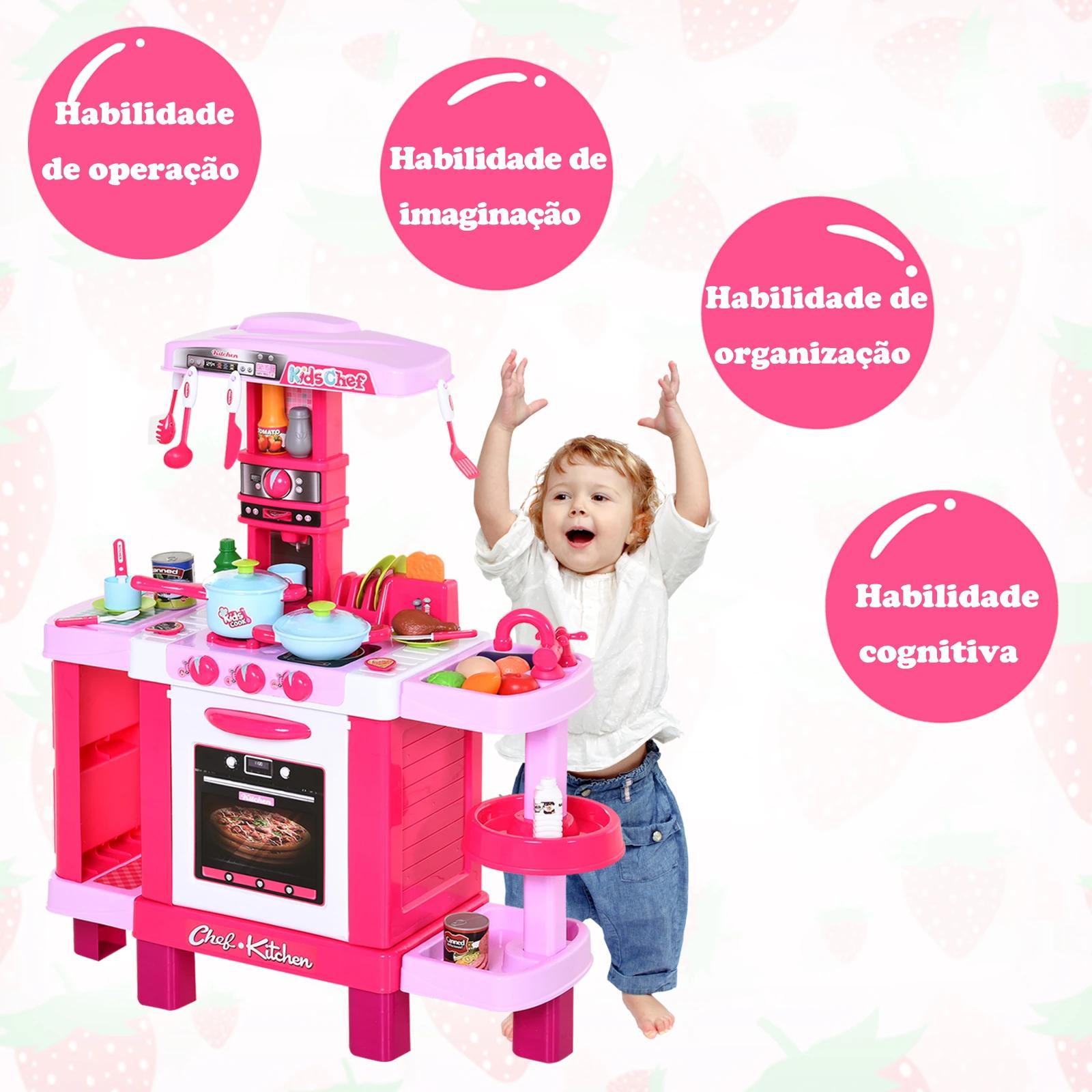 Cozinha para Crianças acima de 3 Anos Cozinha Infantil com 38 Acessórios Luz Som 78x29x87 cm Rosa