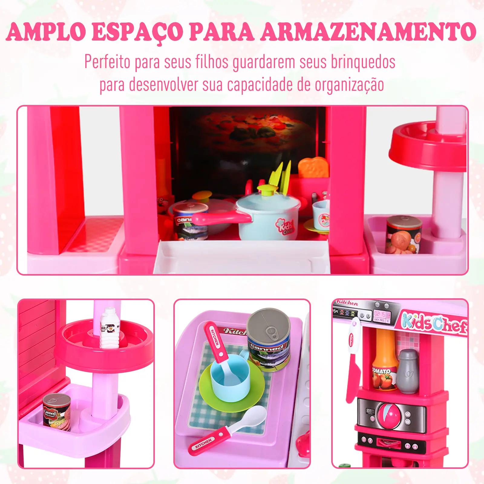 Cozinha para Crianças acima de 3 Anos Cozinha Infantil com 38 Acessórios Luz Som 78x29x87 cm Rosa