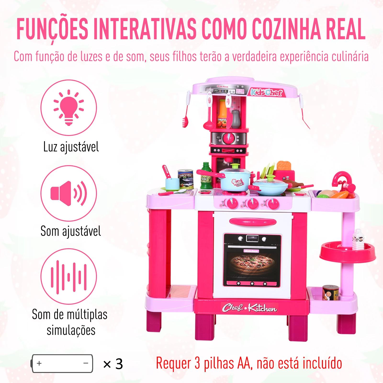 Cozinha para Crianças acima de 3 Anos Cozinha Infantil com 38 Acessórios Luz Som 78x29x87 cm Rosa