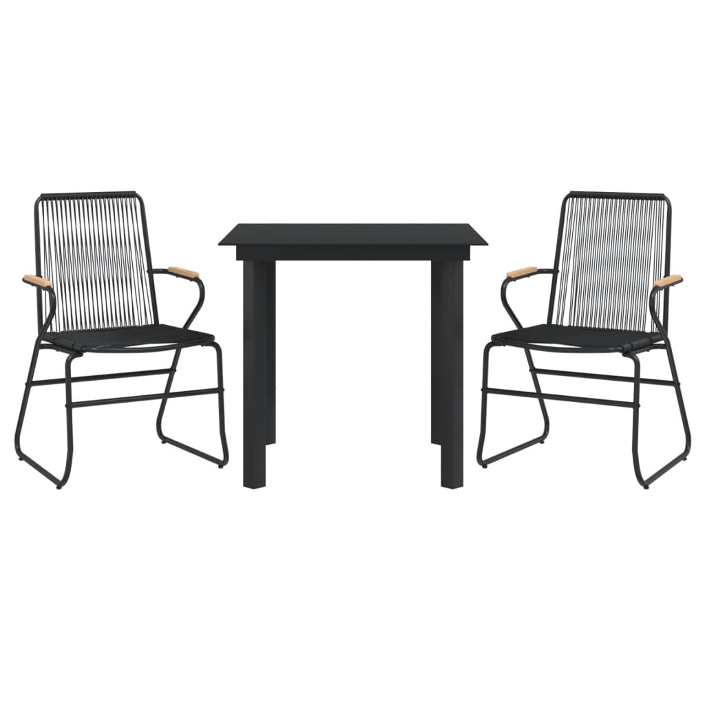 3 Pcs conjunto de jantar para jardim vime PVC preto