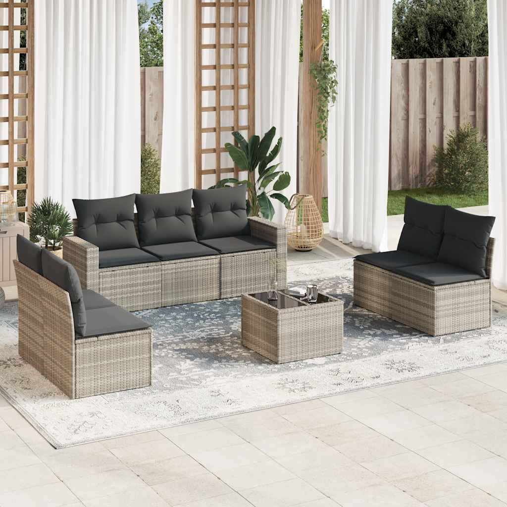 8 Pcs conj. sofás jardim c/ almofadões vime PE cinzento-claro