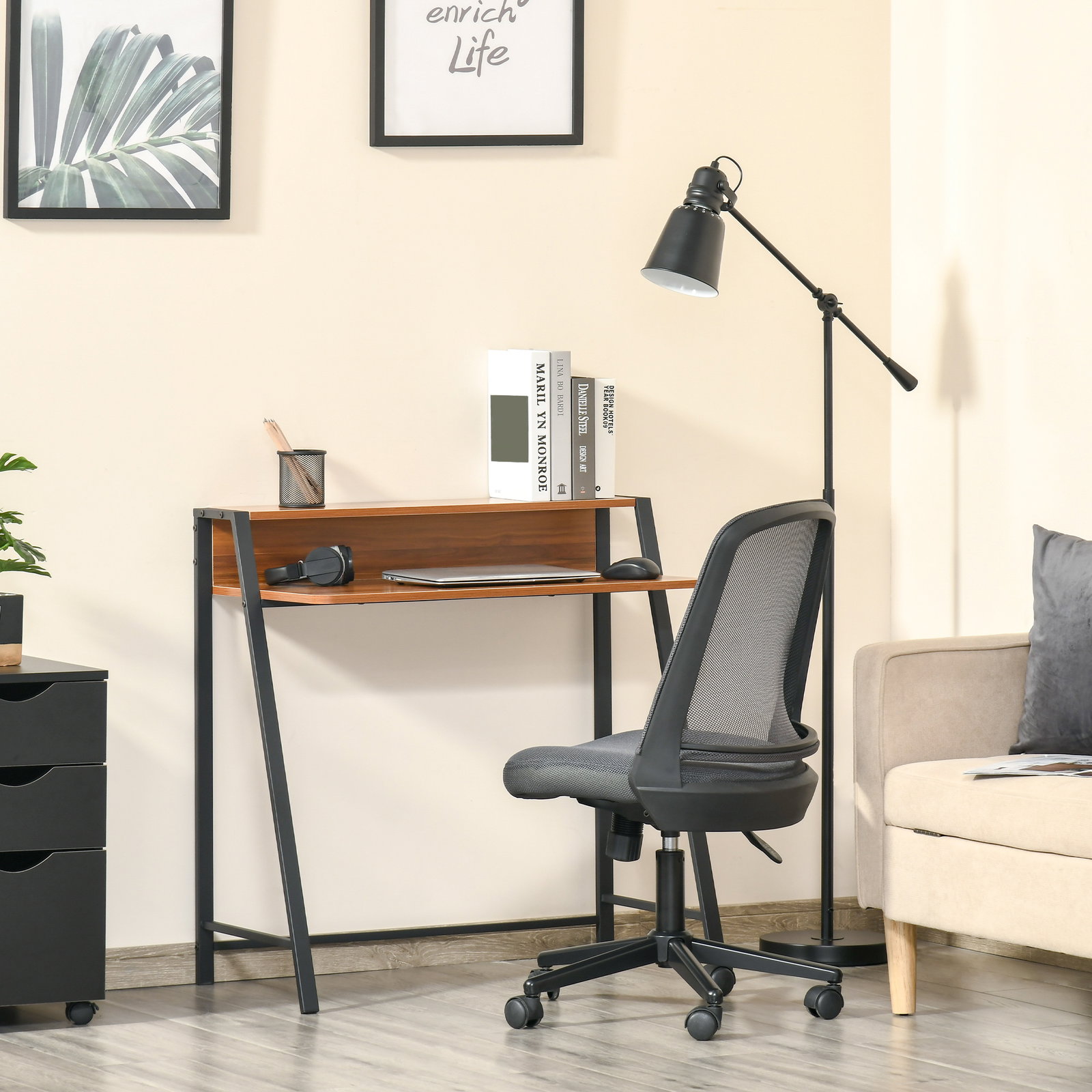 Secretária Mesa de Computador 84x45x85cm com Bancada de Madeira e Pés de Metal Estilo Moderno para Escritório Estúdio Dormitório