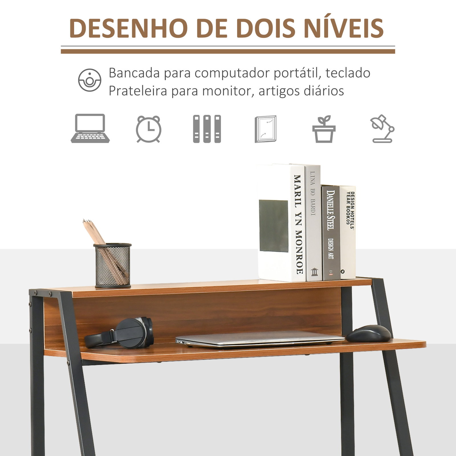 Secretária Mesa de Computador 84x45x85cm com Bancada de Madeira e Pés de Metal Estilo Moderno para Escritório Estúdio Dormitório