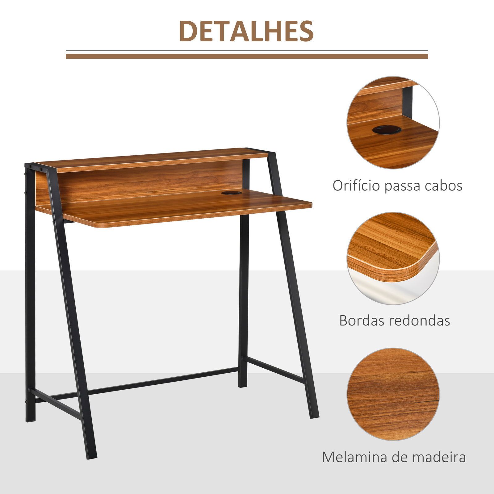 Secretária Mesa de Computador 84x45x85cm com Bancada de Madeira e Pés de Metal Estilo Moderno para Escritório Estúdio Dormitório