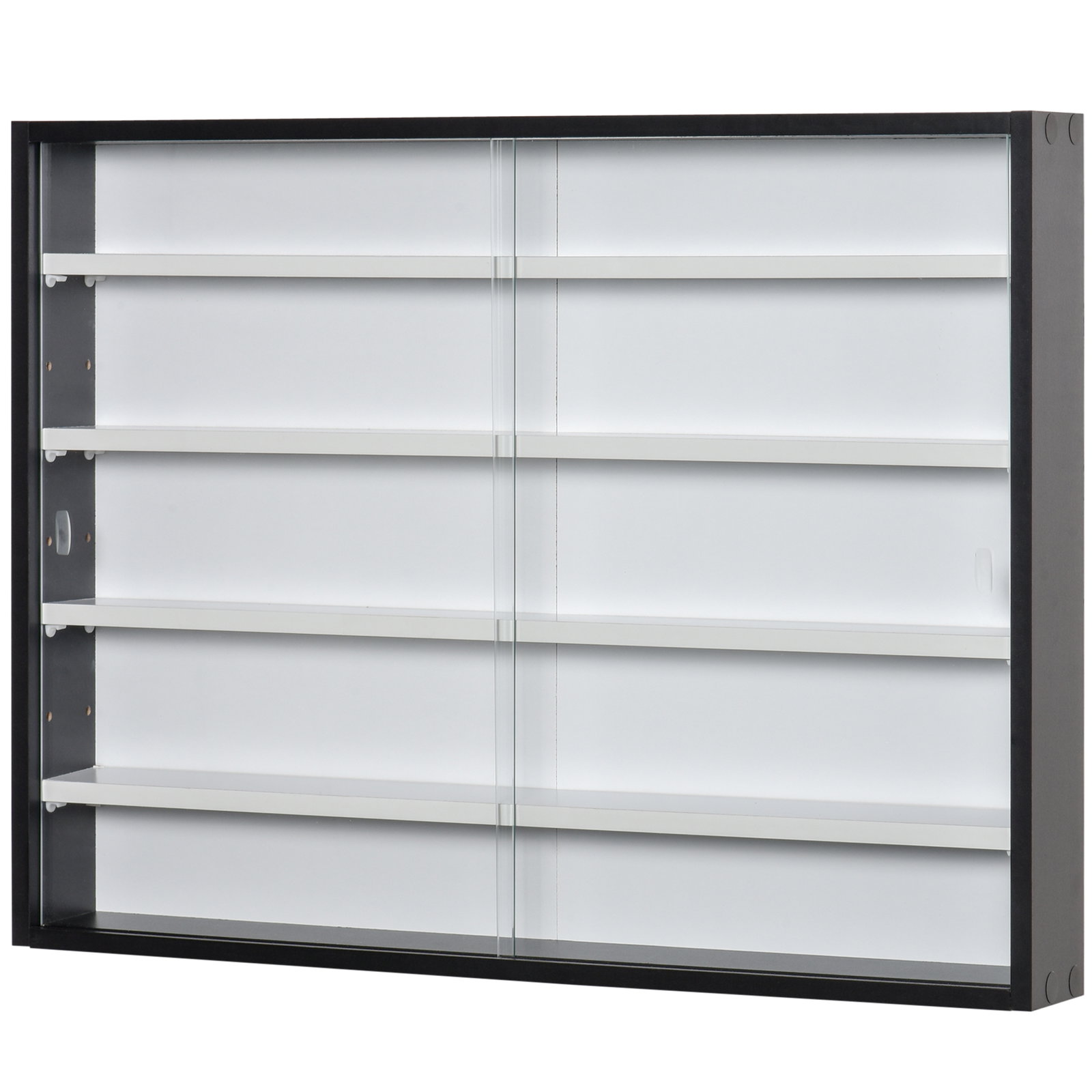 Vitrine de parede de madeira com prateleiras ajustáveis e 2 portas corredeiras de vidro para coleções perfumes bonecos de decoração 80x9,5x60cm preto