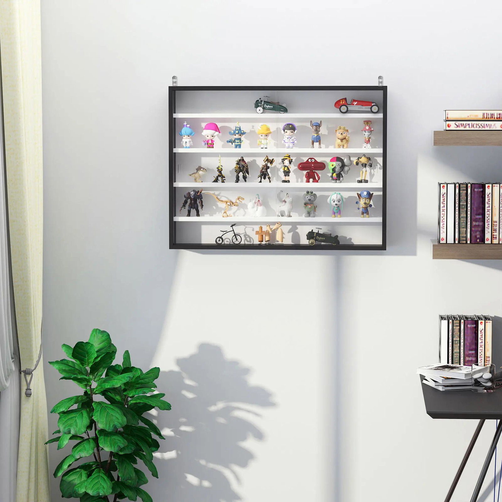 Vitrine de parede de madeira com prateleiras ajustáveis e 2 portas corredeiras de vidro para coleções perfumes bonecos de decoração 80x9,5x60cm preto