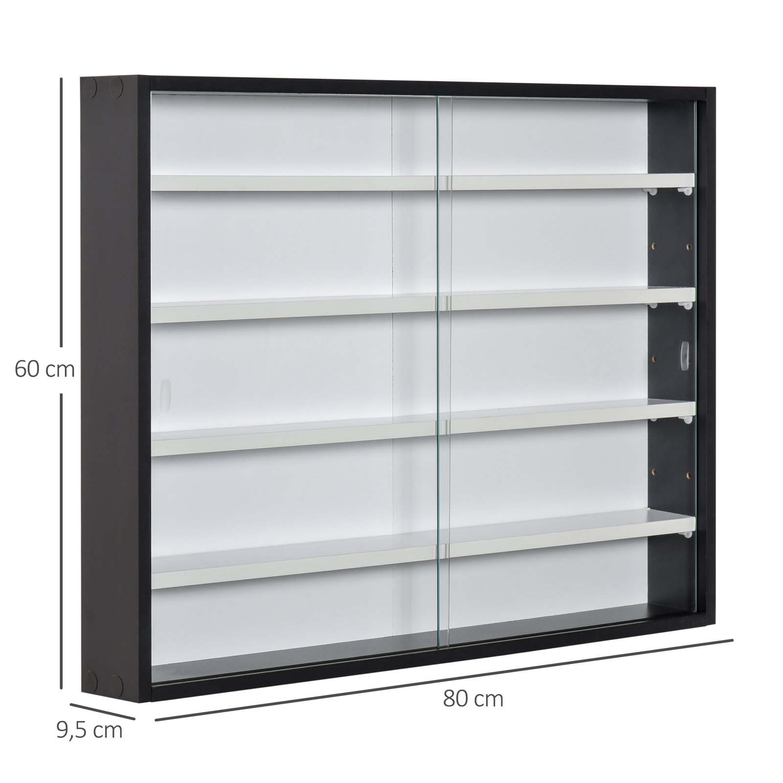 Vitrine de parede de madeira com prateleiras ajustáveis e 2 portas corredeiras de vidro para coleções perfumes bonecos de decoração 80x9,5x60cm preto