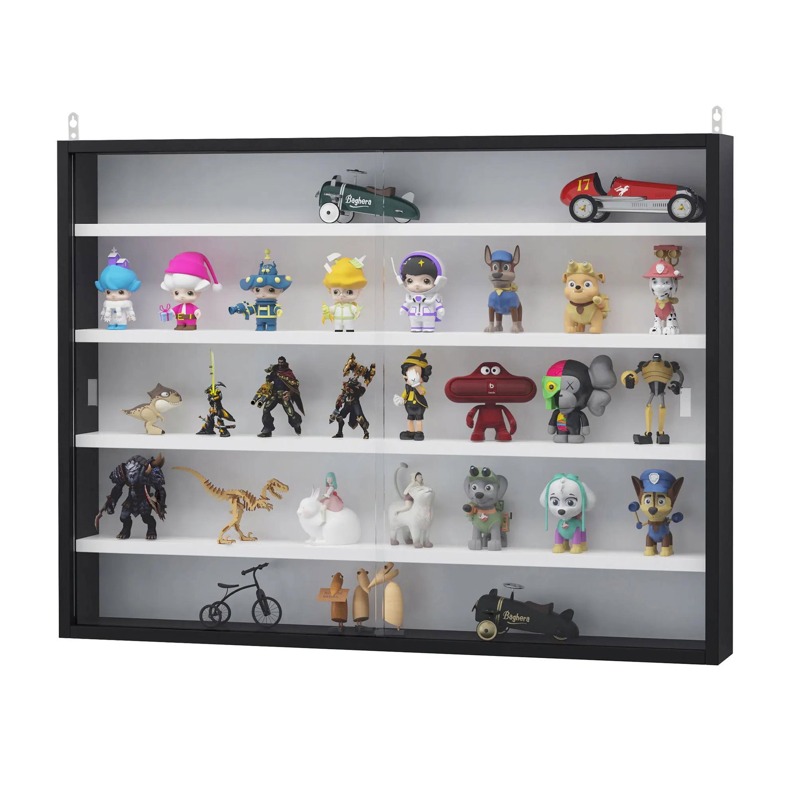 Vitrine de parede de madeira com prateleiras ajustáveis e 2 portas corredeiras de vidro para coleções perfumes bonecos de decoração 80x9,5x60cm preto