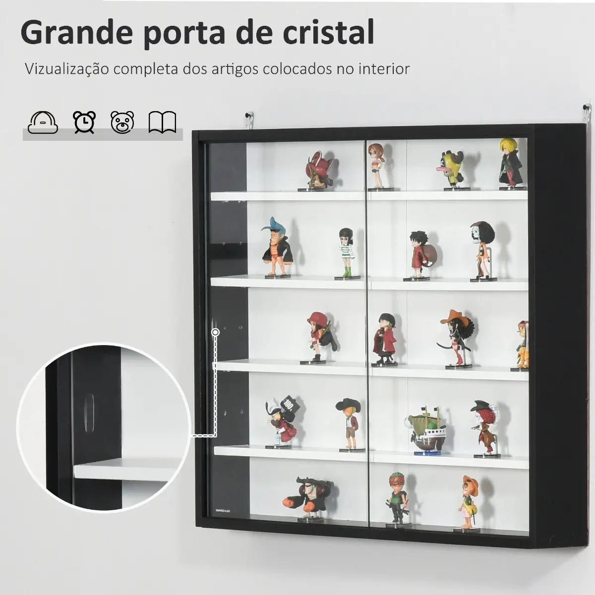 Vitrine de parede de madeira com prateleiras ajustáveis e 2 portas corredeiras de vidro para coleções perfumes bonecos de decoração 80x9,5x60cm preto