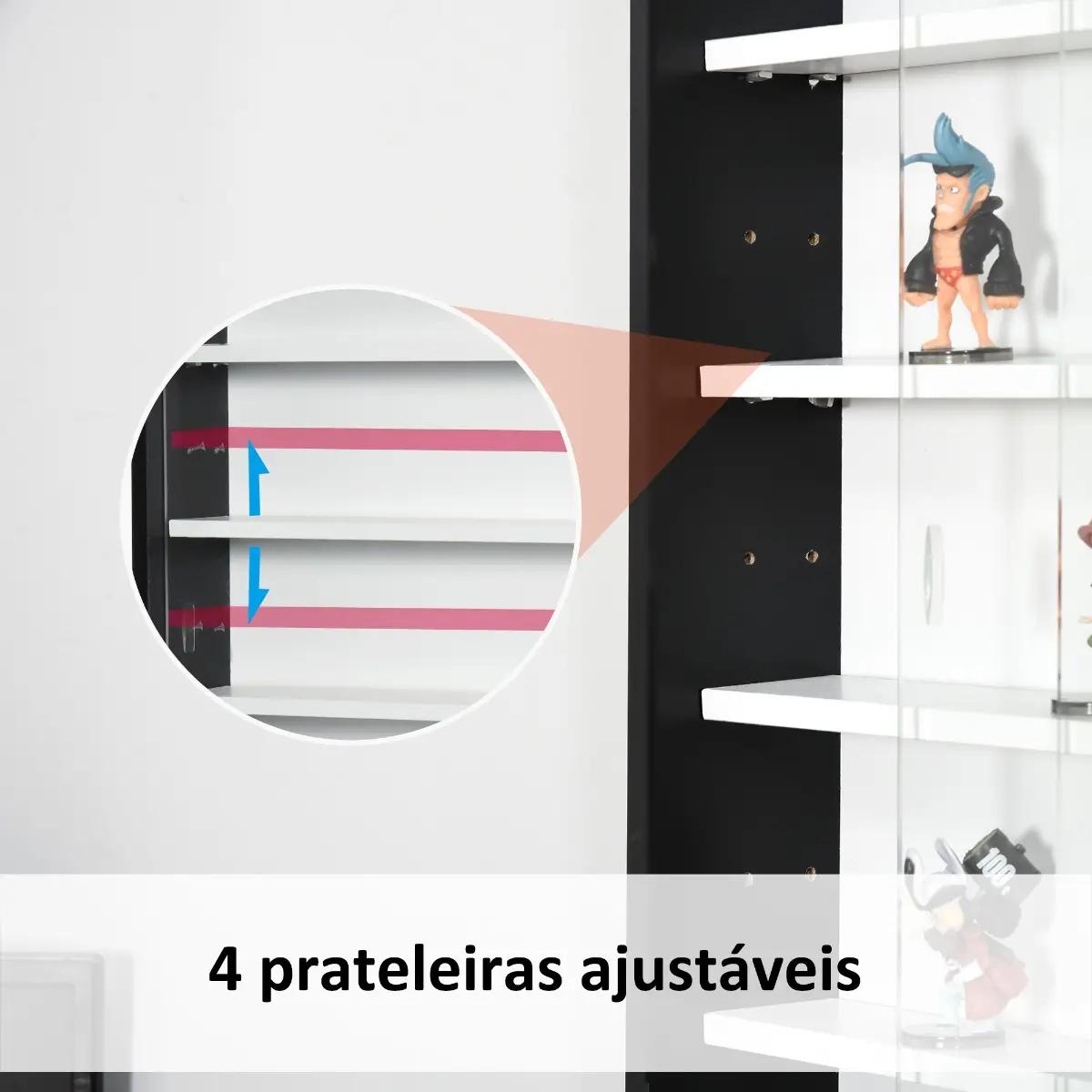 Vitrine de parede de madeira com prateleiras ajustáveis e 2 portas corredeiras de vidro para coleções perfumes bonecos de decoração 80x9,5x60cm preto