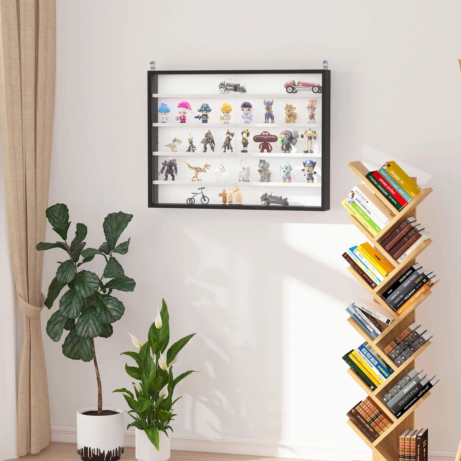 Vitrine de parede de madeira com prateleiras ajustáveis e 2 portas corredeiras de vidro para coleções perfumes bonecos de decoração 80x9,5x60cm preto