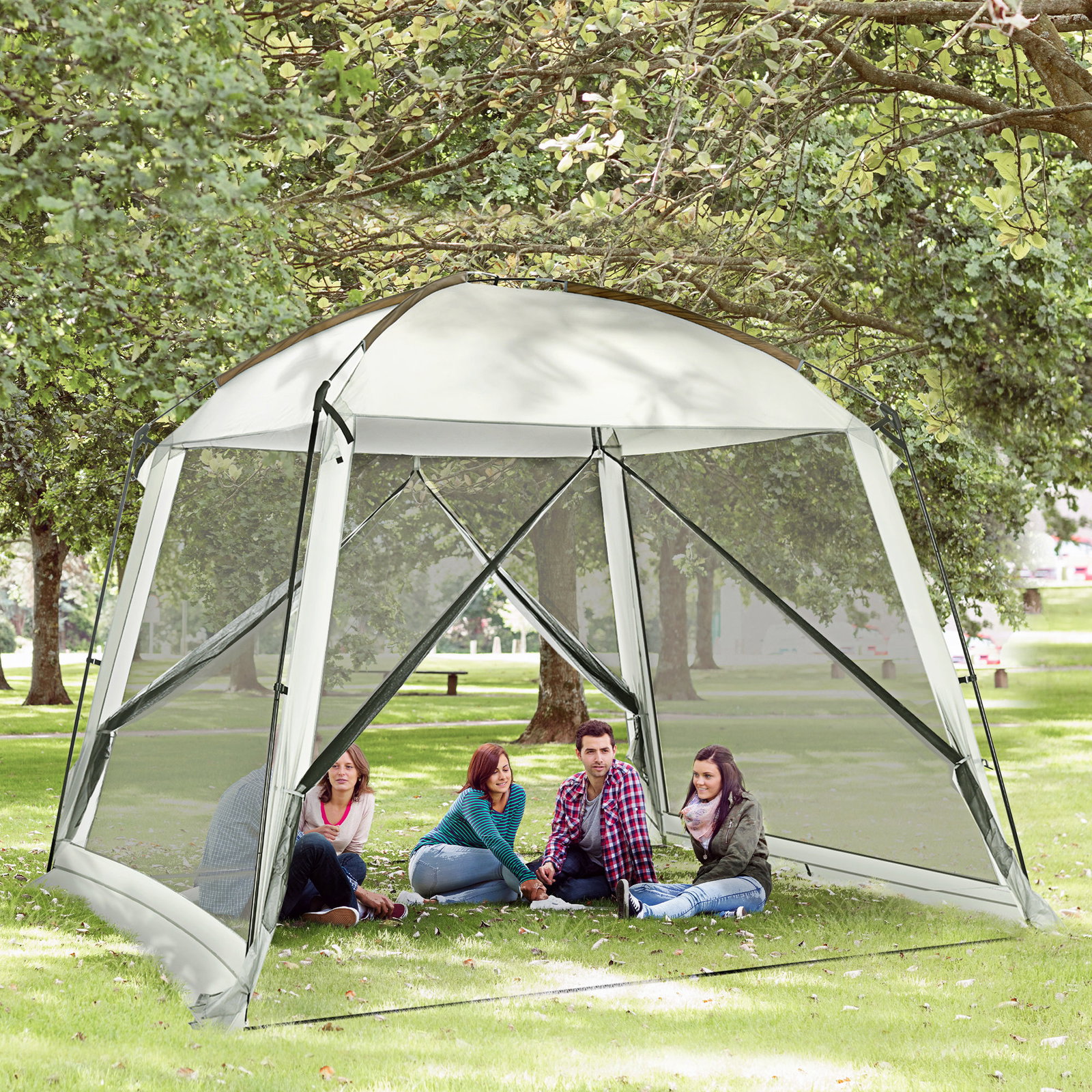 Tenda de jardim para 6-8 pessoas com 4 mosquiteiras e 2 portas proteção uv50+ inclui bolsa de transporte 3x3 m branco