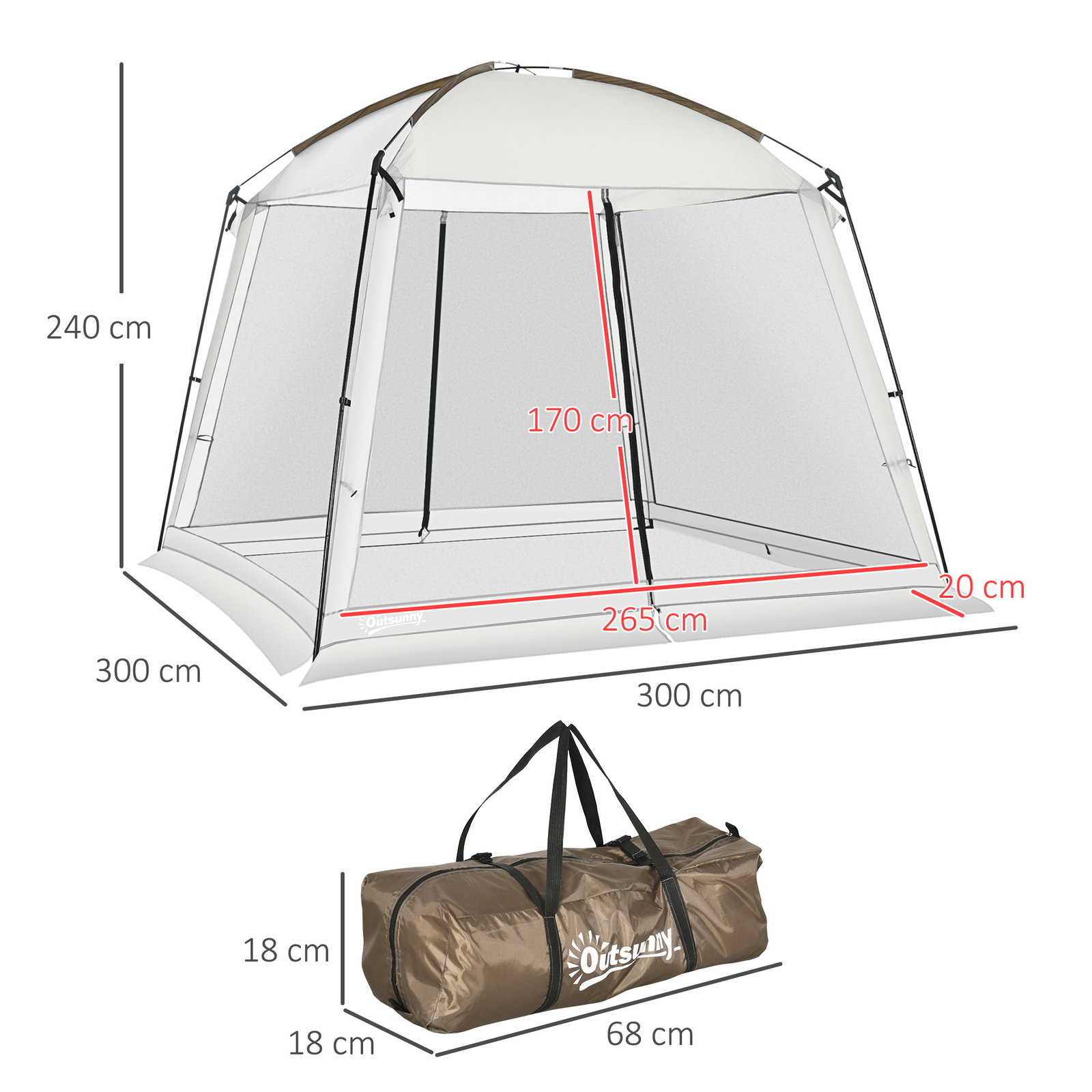 Tenda de jardim para 6-8 pessoas com 4 mosquiteiras e 2 portas proteção uv50+ inclui bolsa de transporte 3x3 m branco