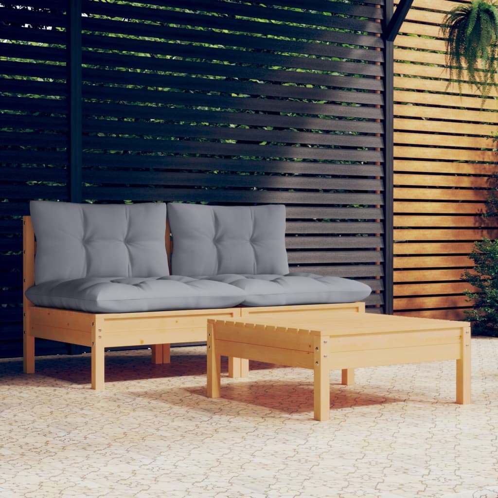 3 Pcs conjunto lounge de jardim c/ almofadões cinzentos pinho