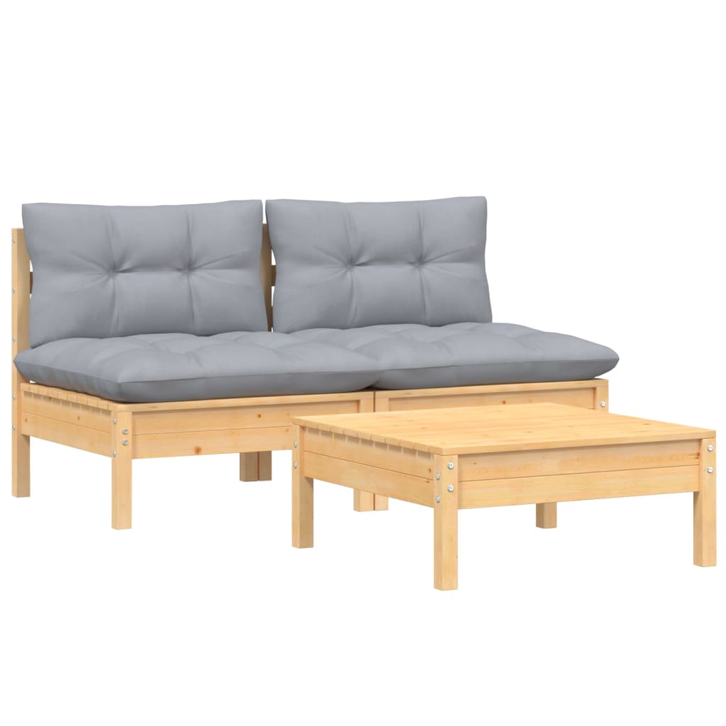 3 Pcs conjunto lounge de jardim c/ almofadões cinzentos pinho