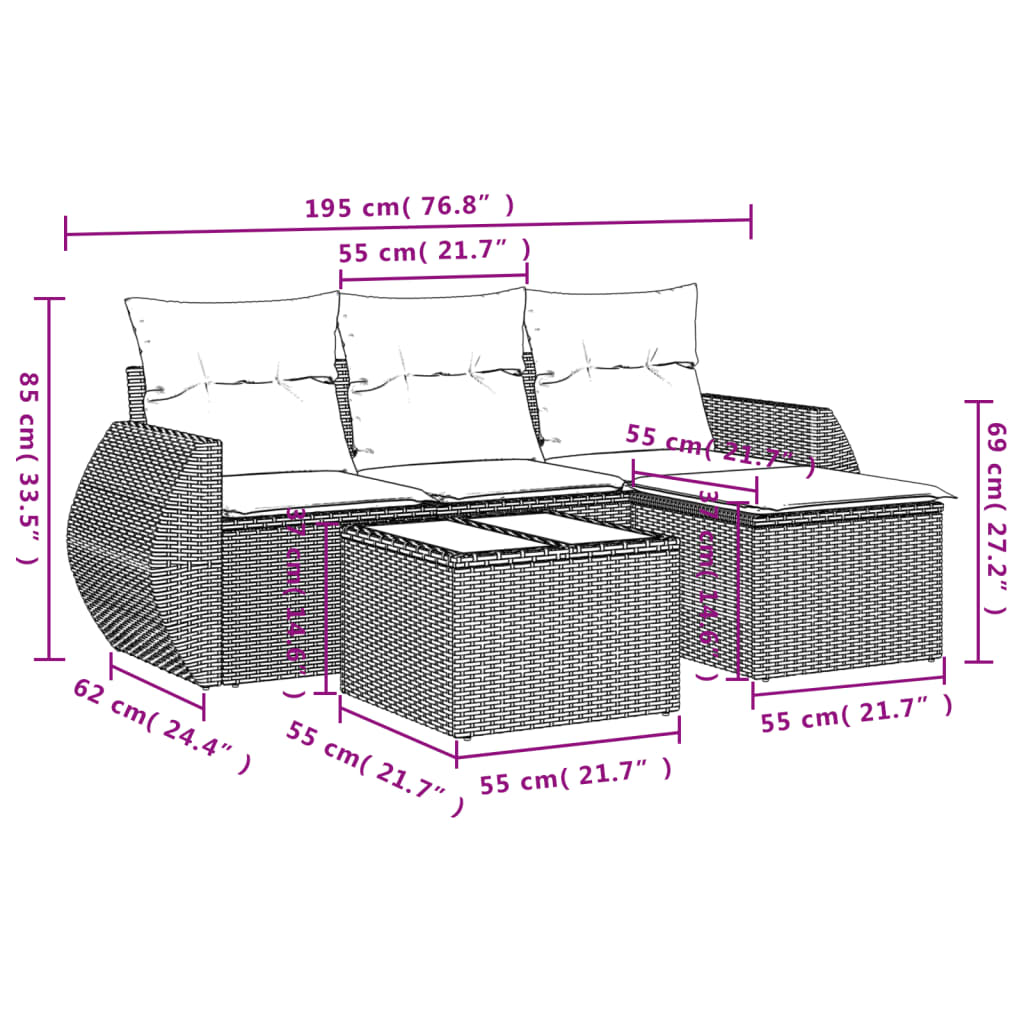 5 Pcs conjunto de sofás p/ jardim com almofadões vime PE bege