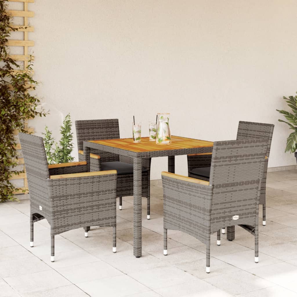 5 Pcs conjunto jantar jardim c/ almofadões vime PE/acácia cinza