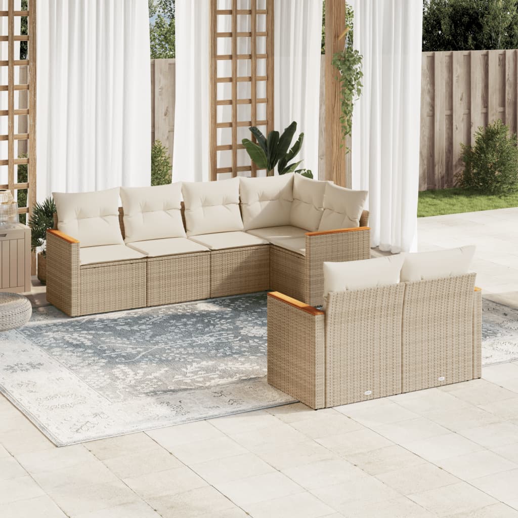 7 Pcs conjunto de sofás p/ jardim com almofadões vime PE bege