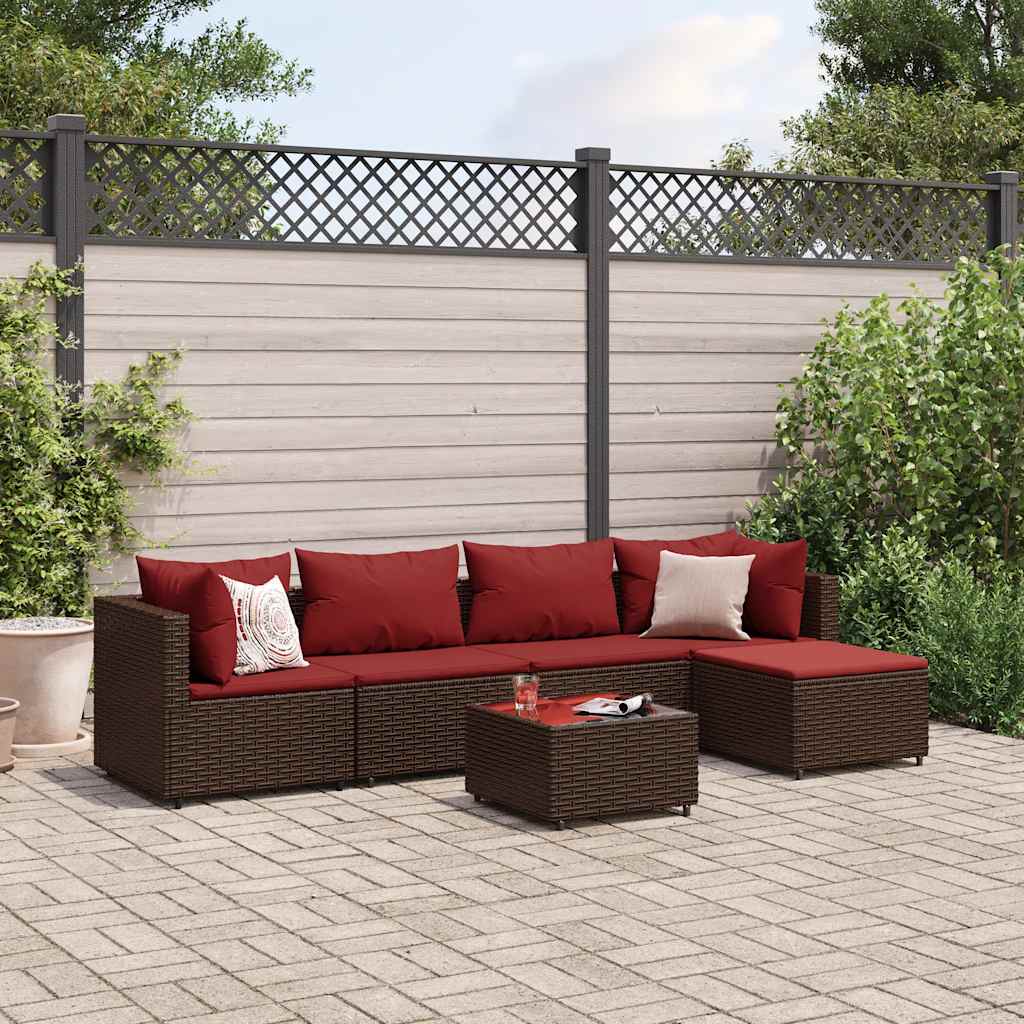 6 Pcs conj. lounge jardim c/ almofadões 6 pcs vime PE castanho