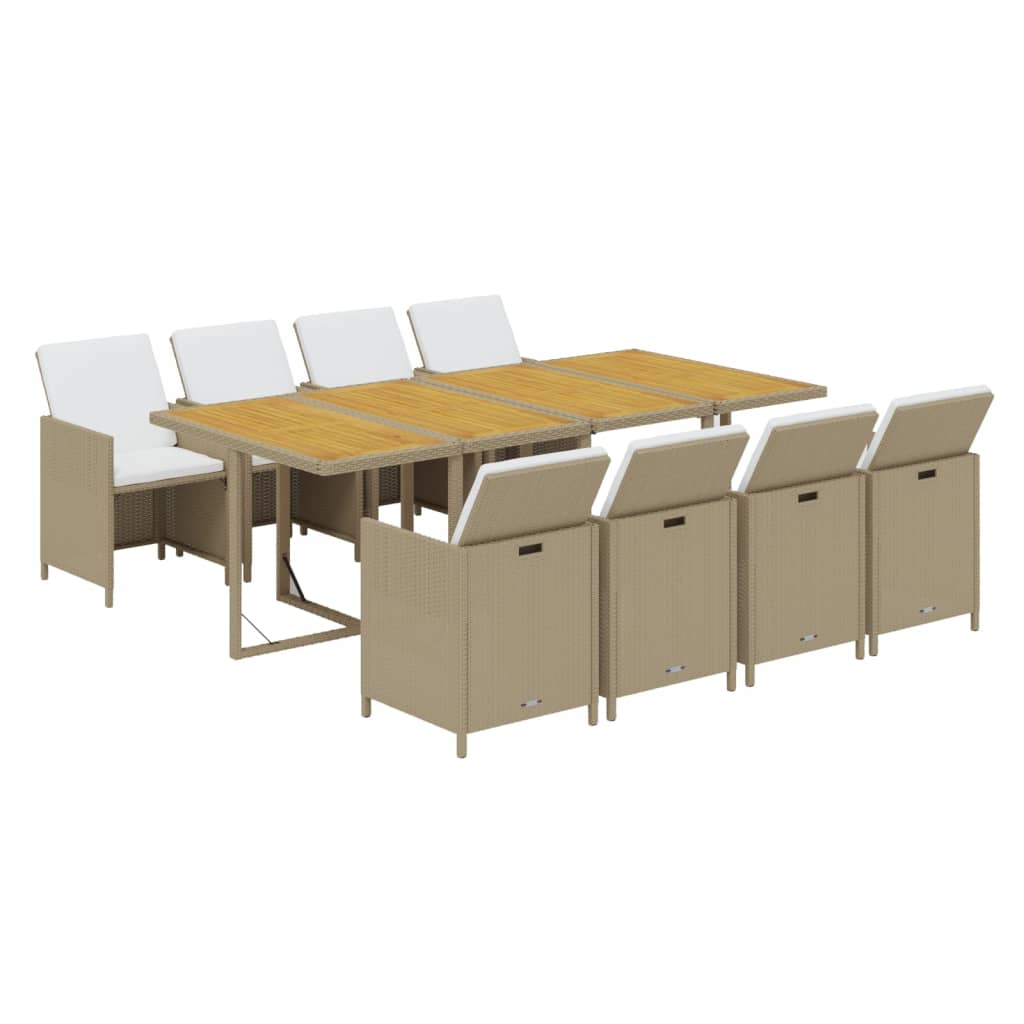 9 Pcs conjunto de jantar p/ jardim com almofadões vime PE bege