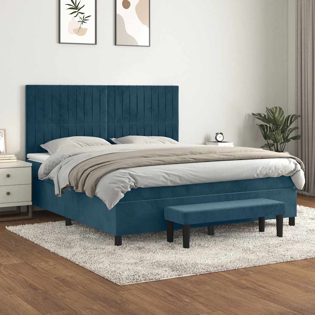 Cama com molas/colchão 160x200 cm veludo azul-escuro