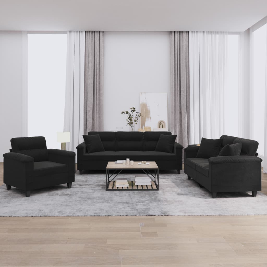 3 Pcs conjunto sofás c/ almofadas tecido de microfibra preto