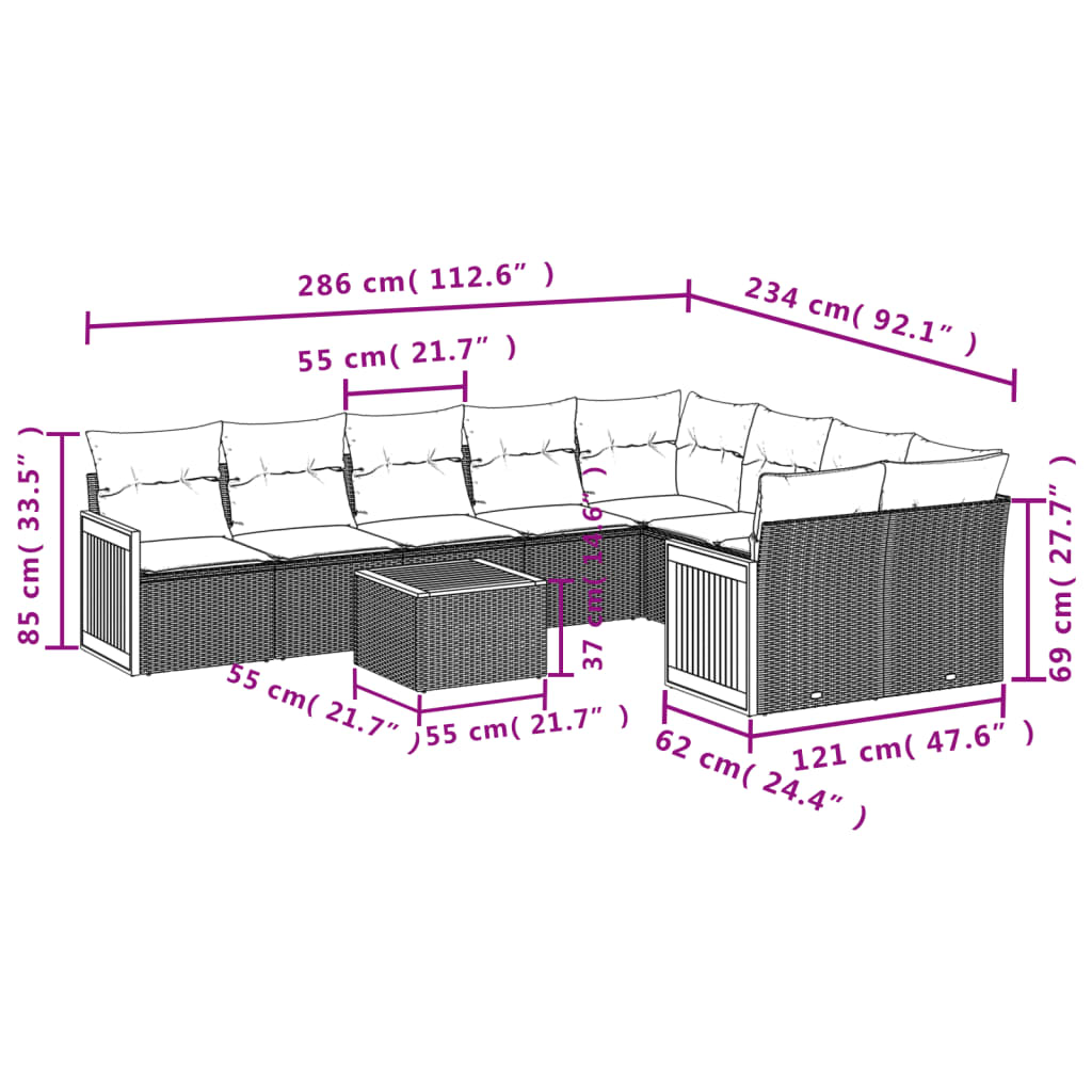 10 Pcs conjunto sofás de jardim c/ almofadões vime PE cinzento