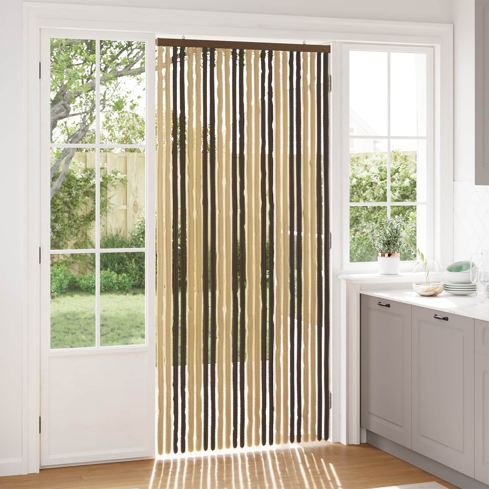 Cortina de insetos chenille marrom escuro e bege 100 x 220 cm