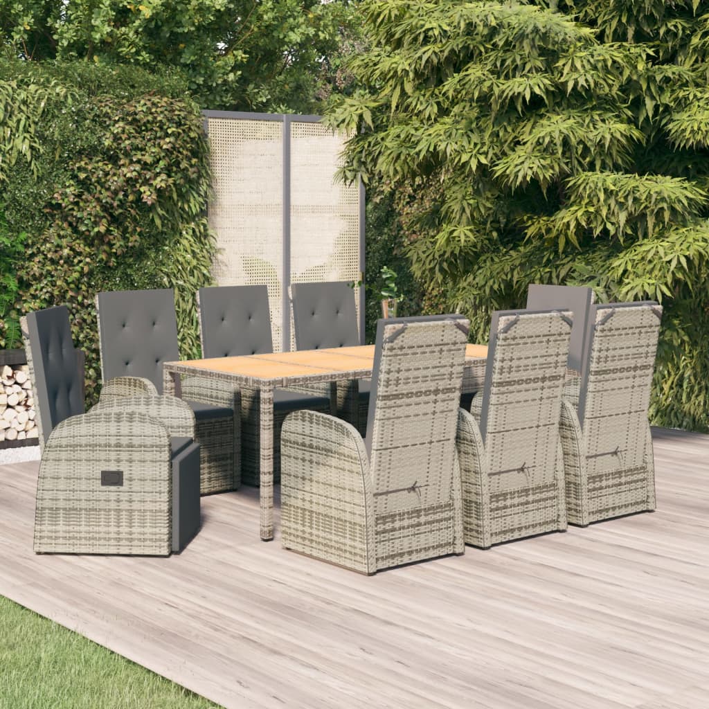 9 Pcs conjunto de jantar p/ jardim c/ almofadões vime PE cinza