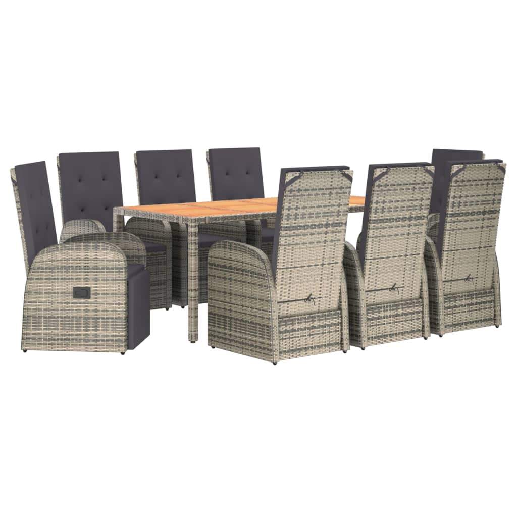 9 Pcs conjunto de jantar p/ jardim c/ almofadões vime PE cinza