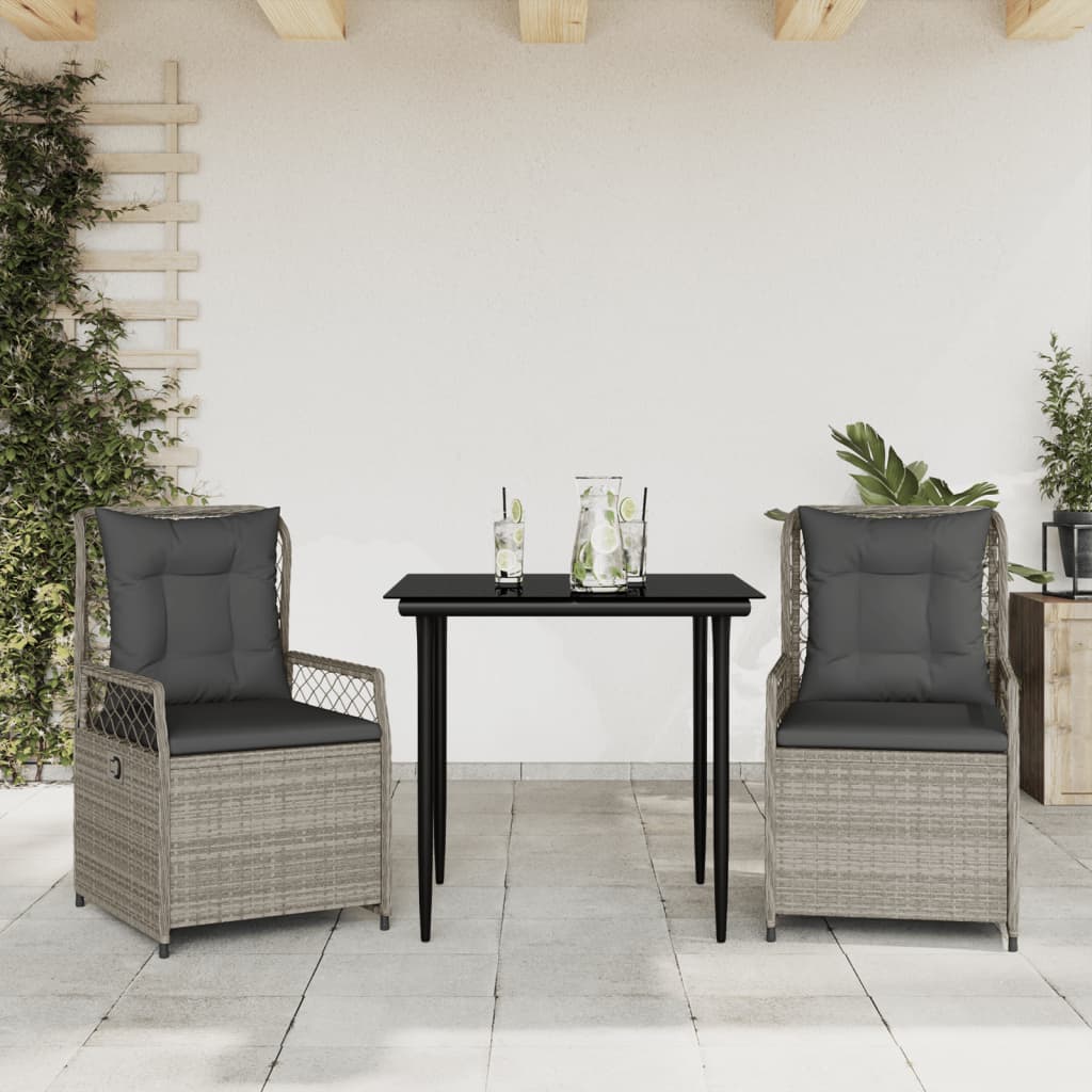 3 Pcs conjunto de jantar p/ jardim c/ almofadões cinzento claro