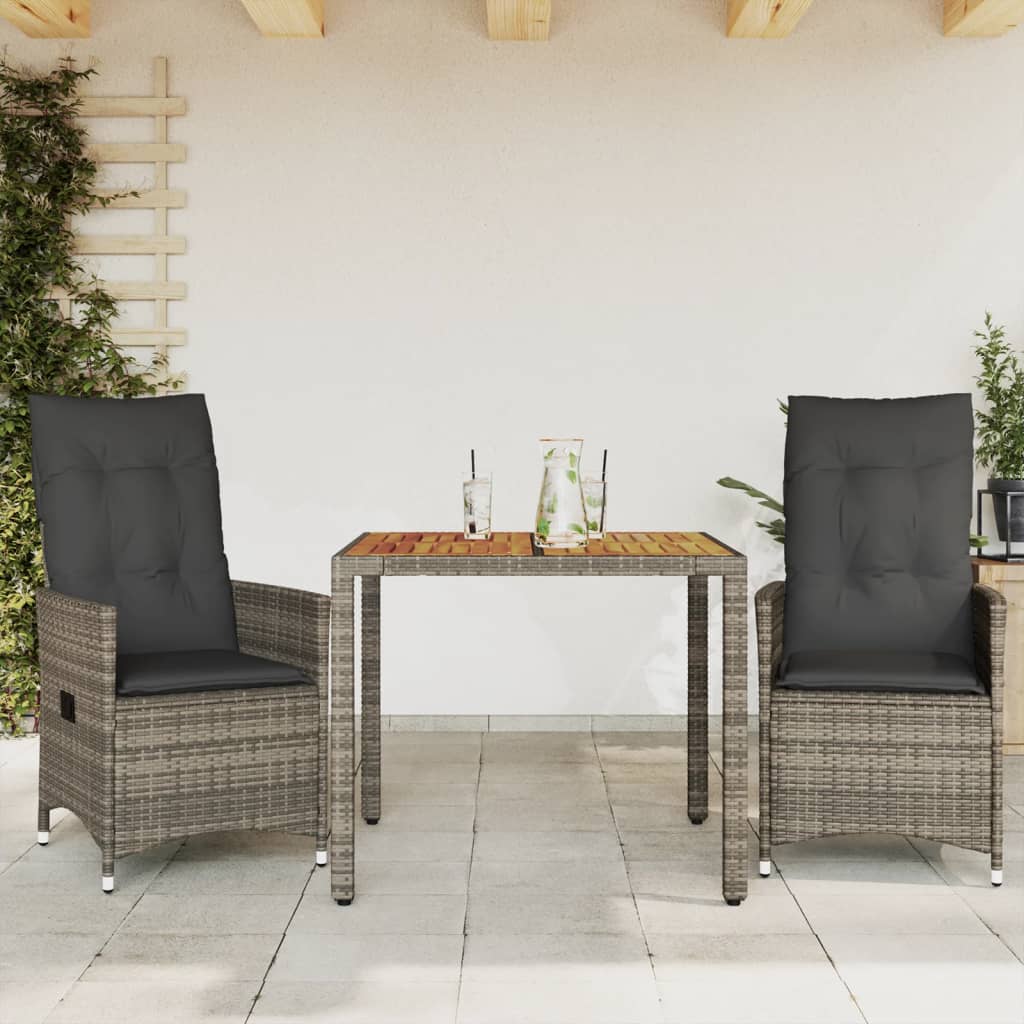 3 Pcs conjunto bistrô com almofadões vime PE cinza