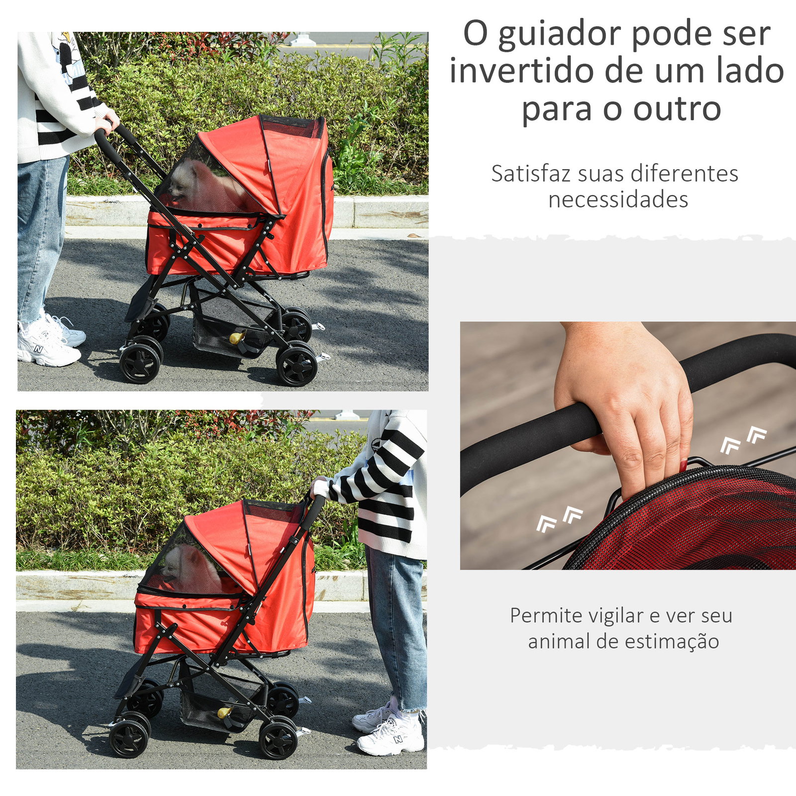 Carrinho para animais de estimação dobrável carro para cães e gatos com capô ajustável cesta de armazenamento cinto de segurança tecido oxford 600d aço 76,5x52x95cm vermelho
