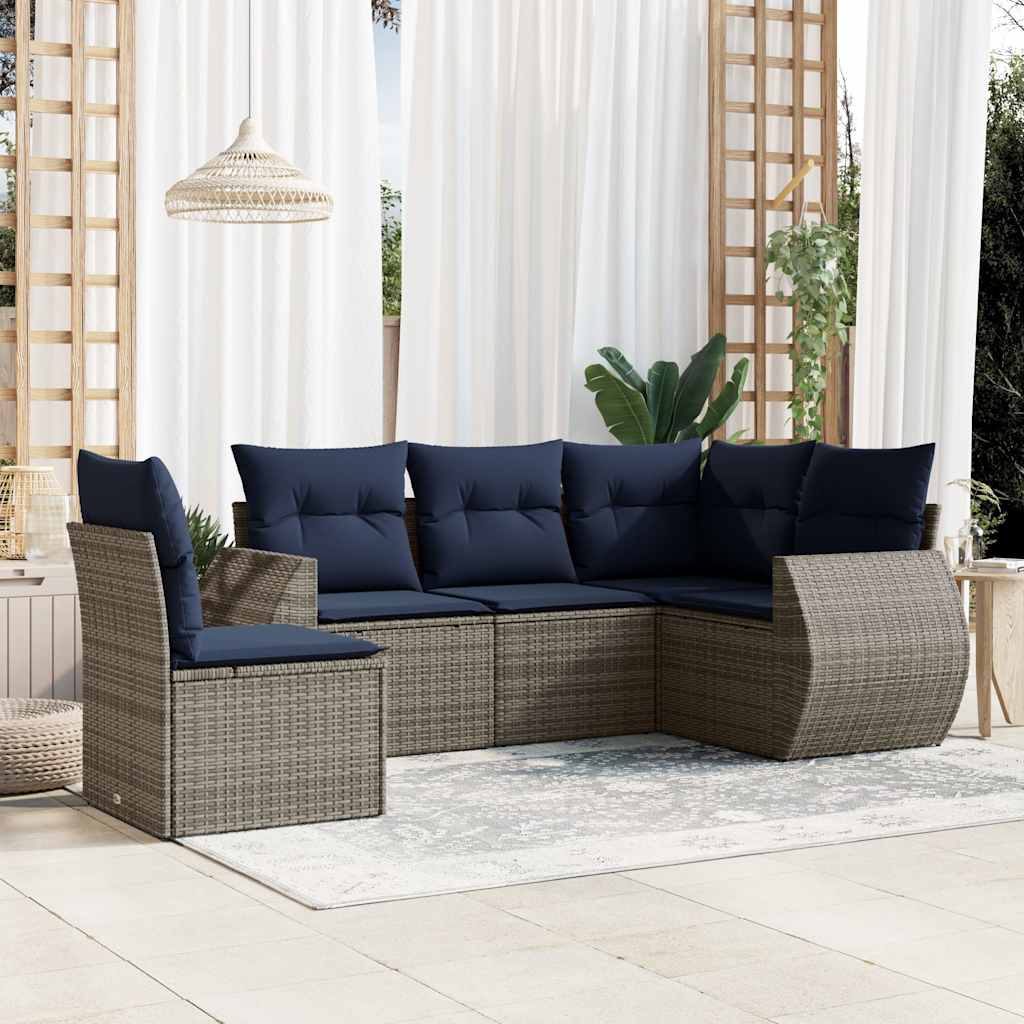 Conjunto de sofá de jardim de 5 peças com almofadas em rattan sintético cinza