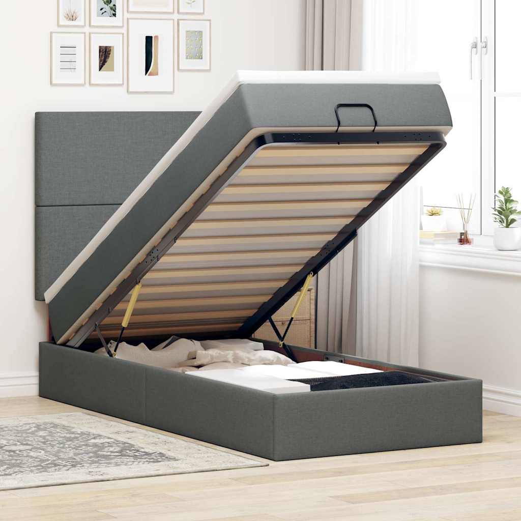 Estrutura cama otomana colchão 100x200cm tecido cinzento escuro