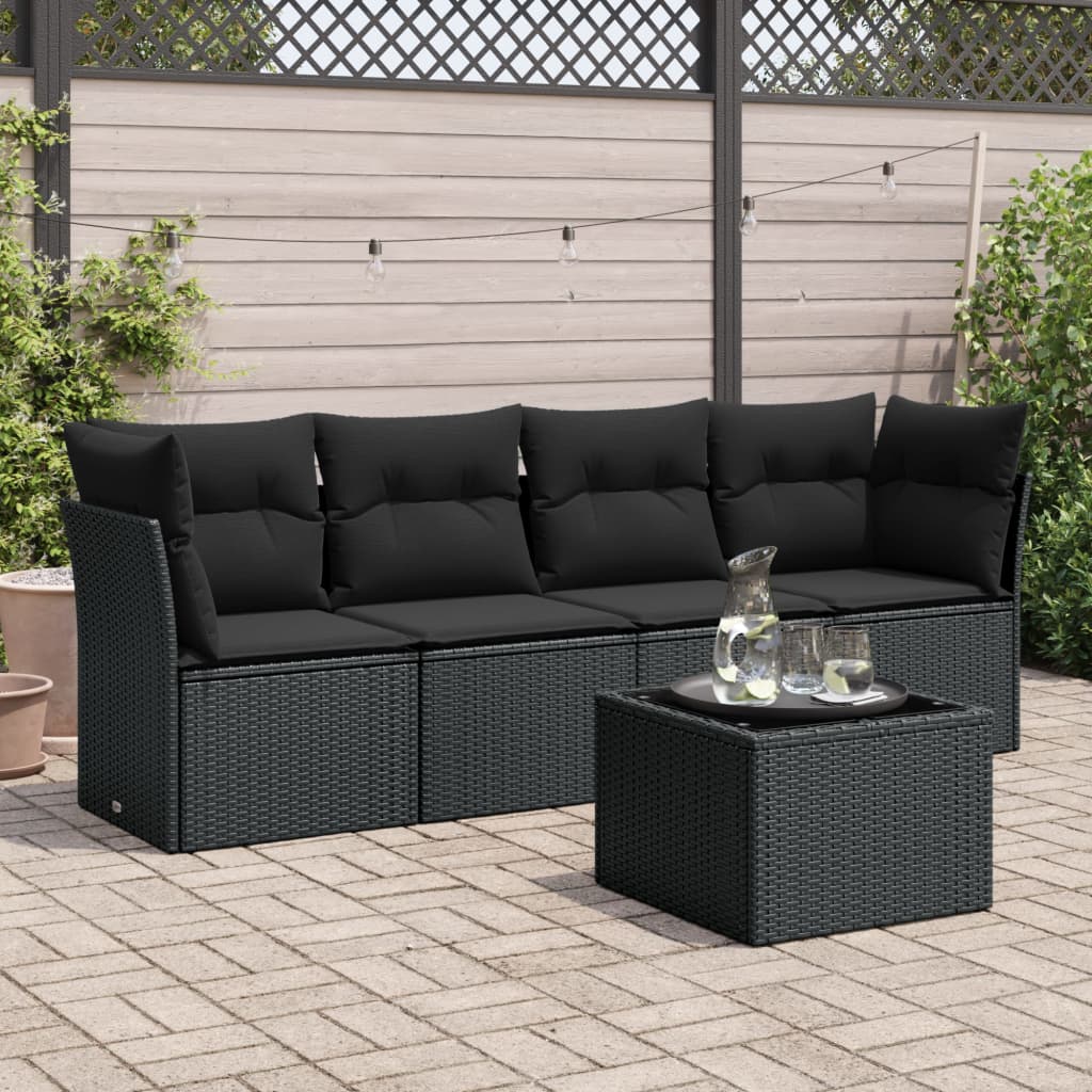 5 Pcs conjunto sofás de jardim com almofadões vime PE preto