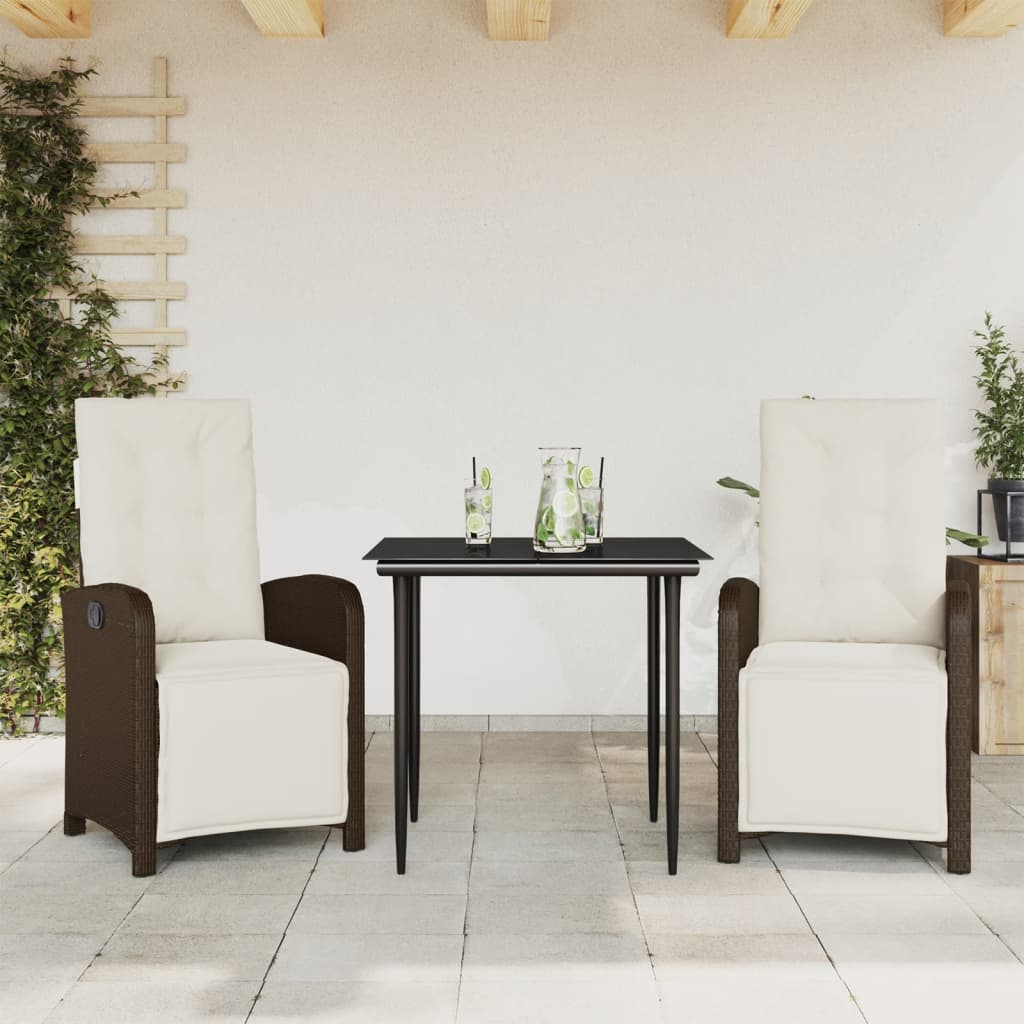 3 Pcs conjunto bistrô com almofadões vime PE castanho