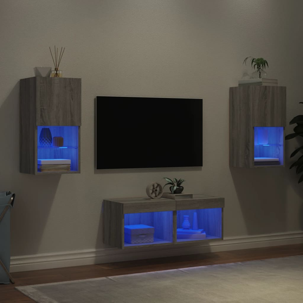 4 Pcs móveis de parede para TV com luzes LED cinzento sonoma
