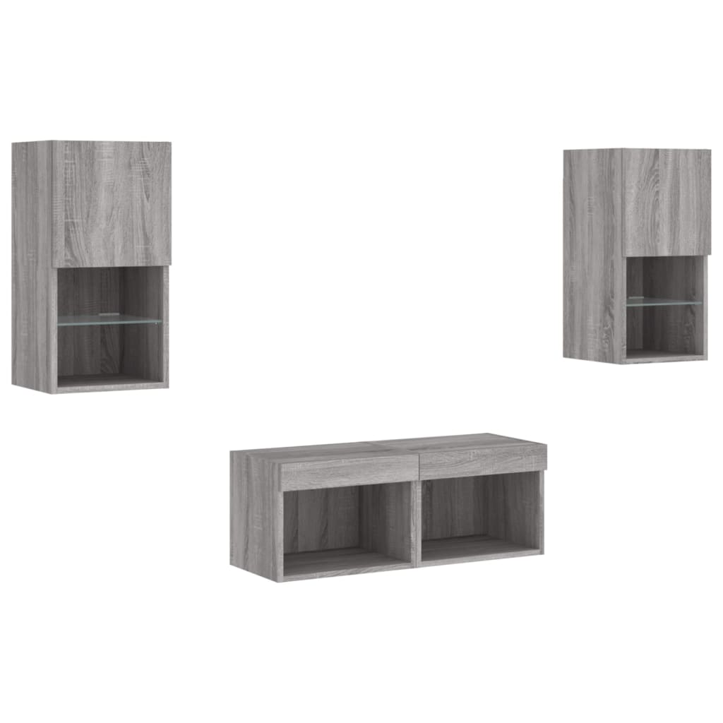 4 Pcs móveis de parede para TV com luzes LED cinzento sonoma