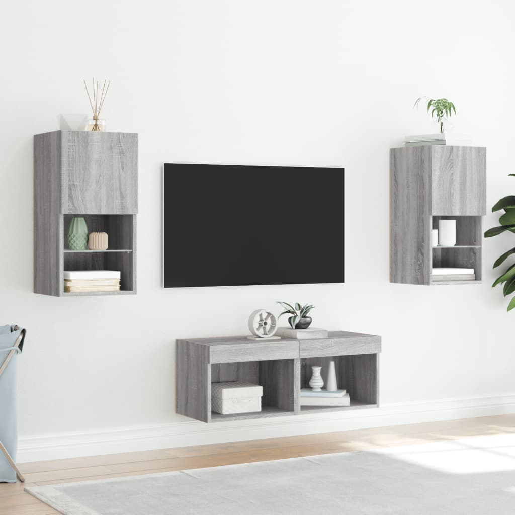 4 Pcs móveis de parede para TV com luzes LED cinzento sonoma