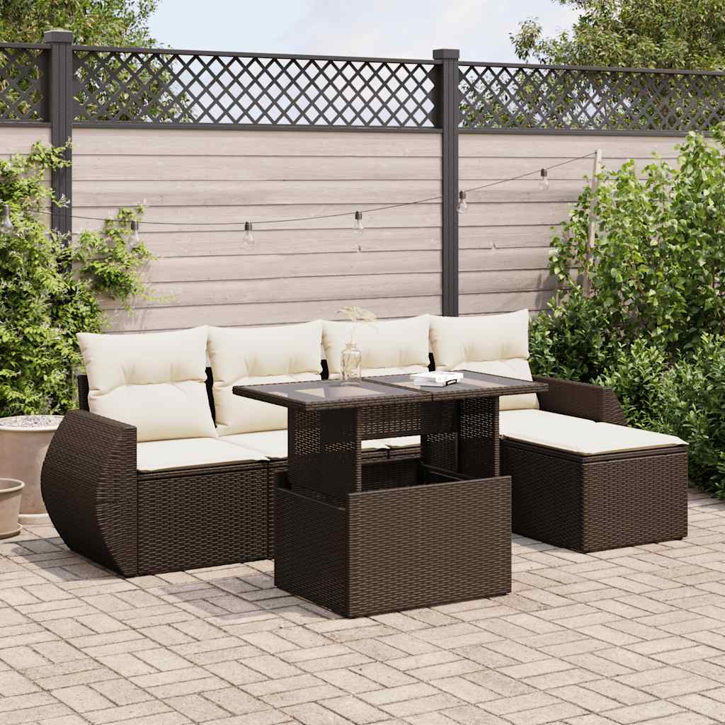 6 Pcs conjunto de sofás jardim c/ almofadões vime PE castanho